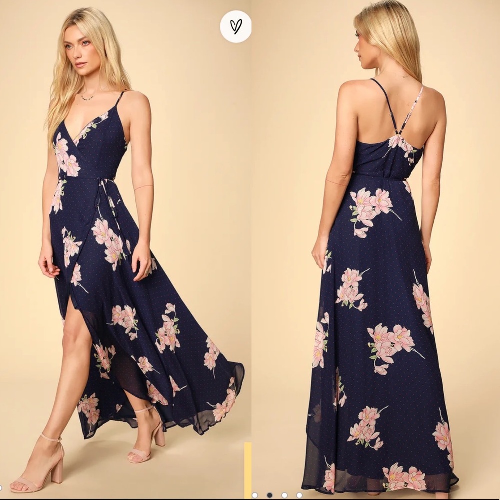 NWT Lulu’s Loiselle Navy Blue Floral Print Polka Dot Wrap Maxi Dress - Medium